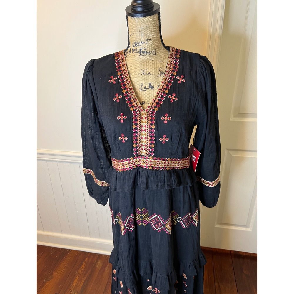 Reba Women Black Embroidered Tiered Maxi Dress V-Neck Long‎ Sleeve Boho NWT